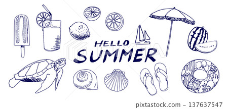 Hand-drawn summer motif illustration set 137637547