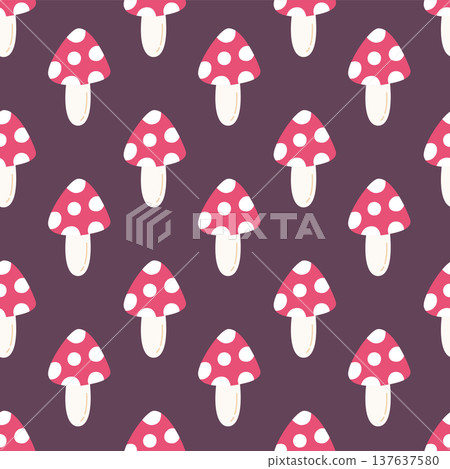 Mushroom seamless pattern. Cute hand drawn toadstool vector illustration. Whimsical forest fungus repeating background for textile, fabric, nursery decor and wrapping design. Mushroom seamless pattern. Cute hand drawn toadstool vector illustration. Whimsical forest fungus repeating background for textile, fabric, nursery decor and wrapping design. 137637580