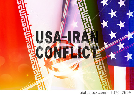 USA and Iran conflict overview with flags and symbols in a digital format 137637609