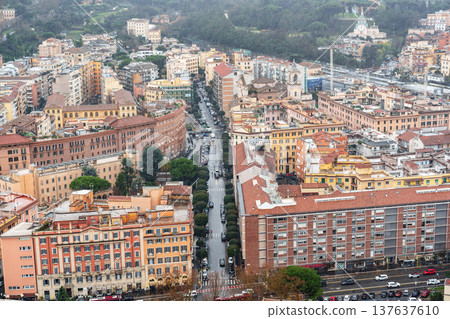 View of city streets in Rome during overcast weather with buildings and traffic View of city streets in Rome during overcast weather with buildings and traffic 137637610