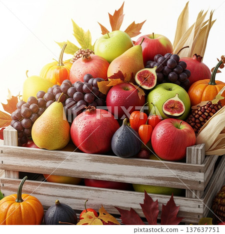 Abundant Harvest of Fresh Fruits and Gourds in Rustic Wooden Crate 137637751