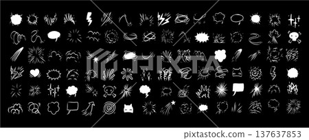 Comic effect manga elements set with white line icons on black background. Glowing doodle bursts clouds, motion Comic effect manga elements set with white line icons on black background. Glowing doodle bursts clouds, motion 137637853