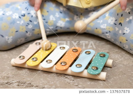 Wooden xylophone mallet close-up overhead colorful keys detail shot 137637878