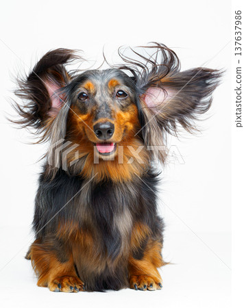 A vertical view of a long-haired dachshund sitting with its ears up and its face looking straight ahead, against a white background, isolated A vertical view of a long-haired dachshund sitting with its ears up and its face looking straight ahead, against a white background, isolated 137637986