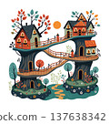 whimsical treehouse village with magical forest houses and winding bridges. Vector illustration 137638342