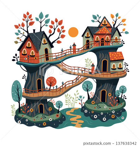 whimsical treehouse village with magical forest houses and winding bridges. Vector illustration whimsical treehouse village with magical forest houses and winding bridges. Vector illustration 137638342