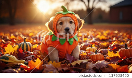 Golden Puppy in Pumpkin Costume Sitting Among Autumn Leaves at Sunset 137638460