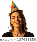 Smiling Woman in Gold Glitter Party Hat and Black Top on White 137638850