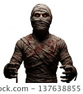 Detailed Mummy Figure with Bandages and Glowing Orange Eyes Isolated on White Background 137638855