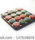 Festive Christmas Cookies on Silver Tray with Red and Teal Icing 137638858