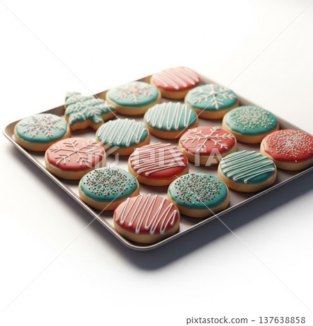 Festive Christmas Cookies on Silver Tray with Red and Teal Icing 137638858