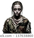Haunting Zombie Girl with Torn Shirt and Cracked Skin on White 137638860