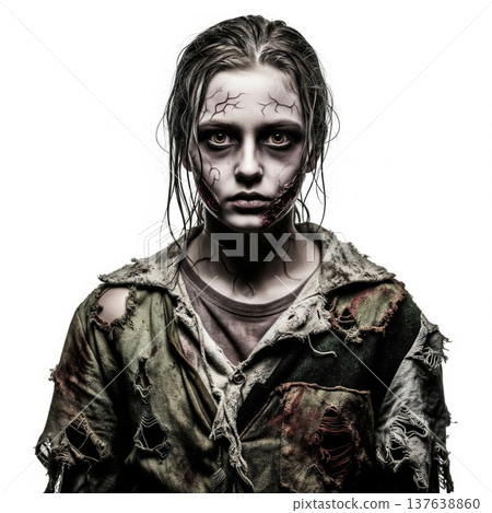 Haunting Zombie Girl with Torn Shirt and Cracked Skin on White 137638860