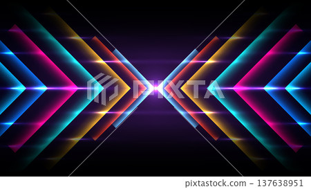Neon chevron background with futuristic geometric lines and glowing light effects, high energy digital tunnel on a dark symmetric backdrop, modern technology gaming Neon chevron background with futuristic geometric lines and glowing light effects, high energy digital tunnel on a dark symmetric backdrop, modern technology gaming 137638951