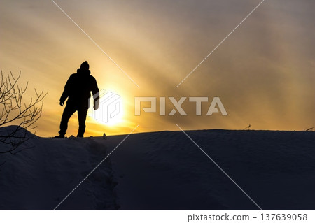Lone figure stands silhouetted on a snowy hill against a stunning winter sunset. Golden sky, serene landscape. Perfect for themes of solitude and journey Lone figure stands silhouetted on a snowy hill against a stunning winter sunset. Golden sky, serene landscape. Perfect for themes of solitude and journey 137639058