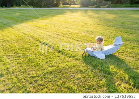 Little pilot. Airplane cardboard child costume. Fantasy game yellow grass. Little pilot. Airplane cardboard child costume. Fantasy game yellow grass. 137639655