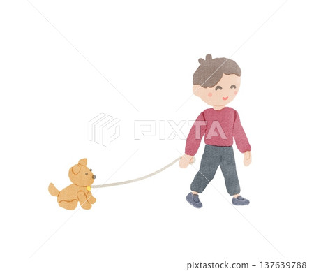 男孩牽著玩具狗散步的插圖 男孩牽著玩具狗散步的插圖 137639788
