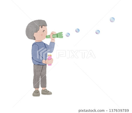 一個男孩玩肥皂泡的插圖 137639789