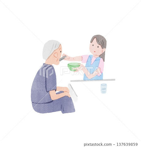 一幅插圖，描繪了一位護理人員協助一位老人用餐的情景。 137639859