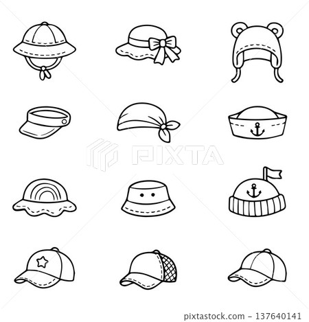 Set of vector headwear icons. Sun protection accessories. Baseball caps, Panama hats Set of vector headwear icons. Sun protection accessories. Baseball caps, Panama hats 137640141