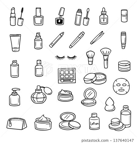Make Up beauty doodle hand drawn icon set. Outline drawing cosmetics line clipart symbol. Vector illustration 137640147