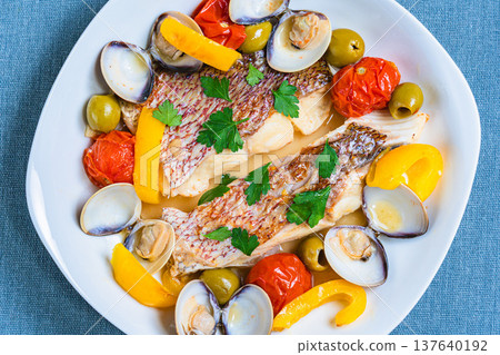 Red sea bream aquapazza, Italian cuisine with clams and vegetables Red sea bream aquapazza, Italian cuisine with clams and vegetables 137640192