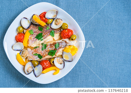 Red sea bream aquapazza, Italian cuisine with clams and vegetables Red sea bream aquapazza, Italian cuisine with clams and vegetables 137640218