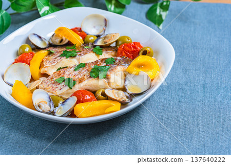 Red sea bream aquapazza, Italian cuisine with clams and vegetables Red sea bream aquapazza, Italian cuisine with clams and vegetables 137640222