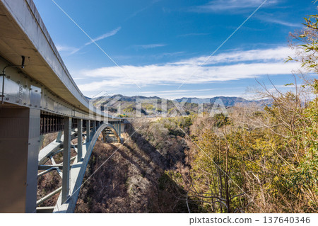 The structural beauty of bridges with beautiful curves: Architectural scenery of Tenryukyo Gorge, a popular spot for a stroll through the sky. The structural beauty of bridges with beautiful curves: Architectural scenery of Tenryukyo Gorge, a popular spot for a stroll through the sky. 137640346
