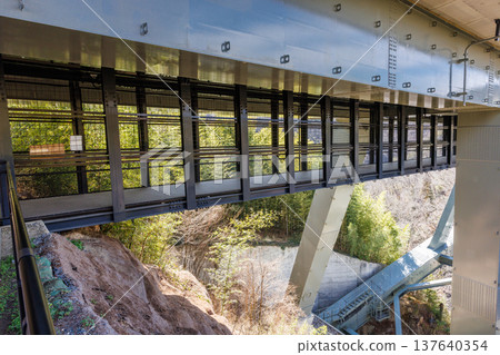 The structural beauty of bridges with beautiful curves: Architectural scenery of Tenryukyo Gorge, a popular spot for a stroll through the sky. 137640354