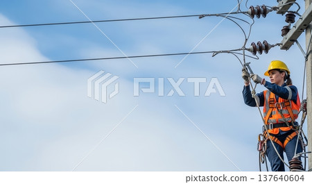電工在電線桿上進行電力線路維護工作，檢查和維護基礎設施設備，廣告橫幅文案，背景為藍天。 137640604