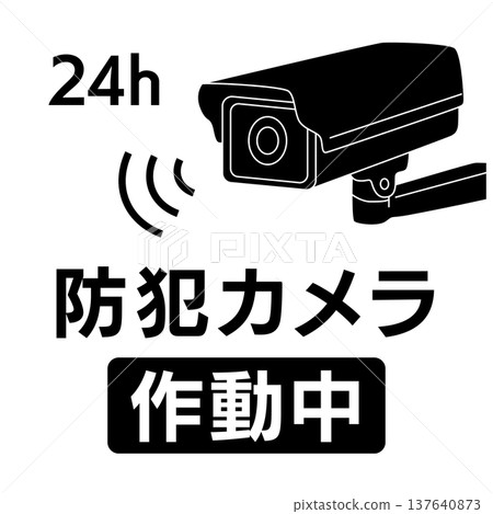 A monochrome icon indicating that the security camera is in operation, and a black and white sign indicating that surveillance is in progress. 137640873