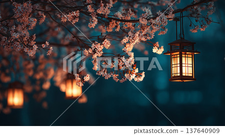 夜晚的櫻花和燈籠，夢幻般的日式夜景，春日燈光，橫幅背景 137640909