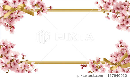 櫻花邊框和金色絲帶證書背景，適用於畢業典禮和入學典禮，橫向模板 137640910