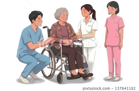 護理人員和護士正在攙扶一位坐在輪椅上的老婦人。這是養老院護理工作的場景。 護理人員和護士正在攙扶一位坐在輪椅上的老婦人。這是養老院護理工作的場景。 137641182