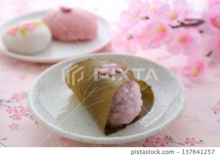 Sakura mochi is a traditional Japanese sweet eaten in spring. Sakura mochi is a traditional Japanese sweet eaten in spring. 137641257