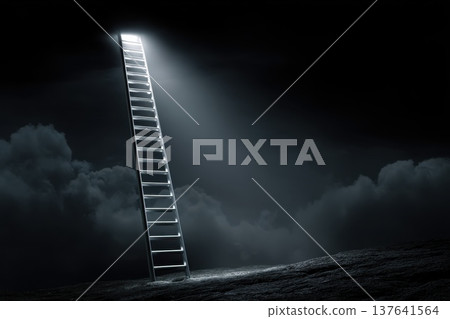 Illuminated Ladder Leaning Toward Bright Horizon in Dark Cloudy Landscape 137641564