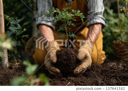Woman with Hands in Soil Planting Tomato Seedling in Garden with Healthy Sustainable Practices Woman with Hands in Soil Planting Tomato Seedling in Garden with Healthy Sustainable Practices 137641582