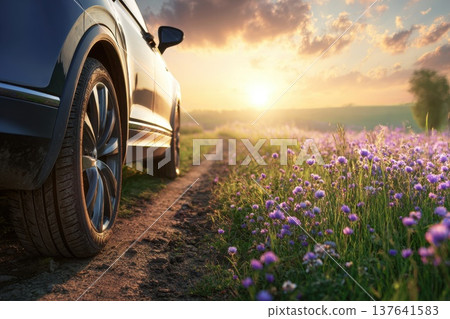 Modern Crossover Vehicle Resting by Scenic Countryside Path During Vibrant Sunset Modern Crossover Vehicle Resting by Scenic Countryside Path During Vibrant Sunset 137641583
