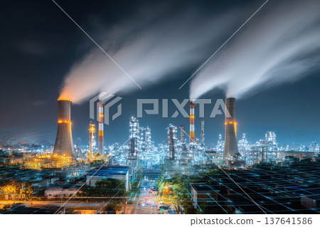 Nighttime Panorama of a Petrochemical Refinery with Emissions and Bright Lights Nighttime Panorama of a Petrochemical Refinery with Emissions and Bright Lights 137641586
