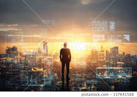 Confident Engineer Leader Standing Against Urban Skyline with Digital Overlay at Sunset Confident Engineer Leader Standing Against Urban Skyline with Digital Overlay at Sunset 137641588
