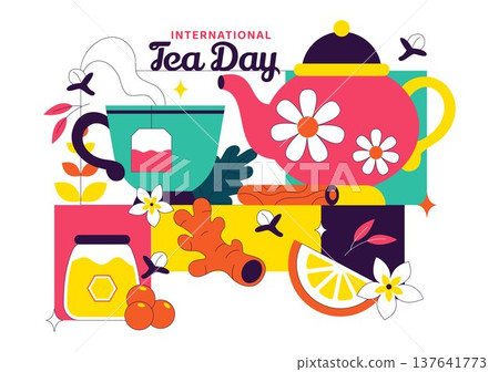 International Tea Day Vector Illustration With Teapot Cup Lemon Honey Herbal Ingredients, Cozy Beverage Celebration Concept, Colorful Drink Design International Tea Day Vector Illustration With Teapot Cup Lemon Honey Herbal Ingredients, Cozy Beverage Celebration Concept, Colorful Drink Design 137641773