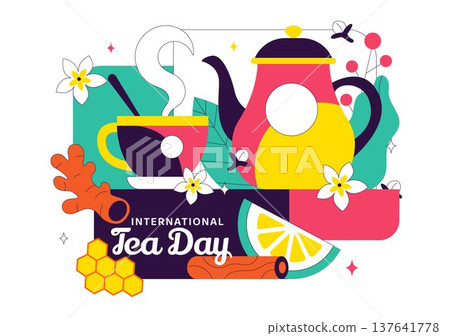 International Tea Day Vector Illustration With Teapot Cup Lemon Honey Herbal Ingredients, Cozy Beverage Celebration Concept, Colorful Drink Design 137641778