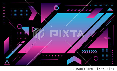 Abstract geometric background with neon pink and blue gradients futuristic tech shapes triangles and circles on dark backdrop for digital landing pages and modern banner design 137642174