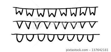 Hand drawn bunting pattern set. Crayon doodled flag garland collection. Kid sketched celebration flag chains and pennons for birthday decoration, footer, banner. Vector drawn party pennon illustration Hand drawn bunting pattern set. Crayon doodled flag garland collection. Kid sketched celebration flag chains and pennons for birthday decoration, footer, banner. Vector drawn party pennon illustration 137642181