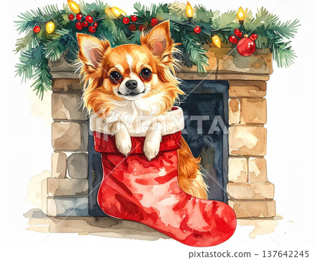 Watercolor painting of a Chihuahua in a fireplace and a stocking 137642245