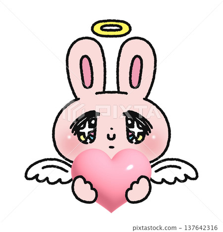 A dreamy, angelic rabbit holding a heart 137642316