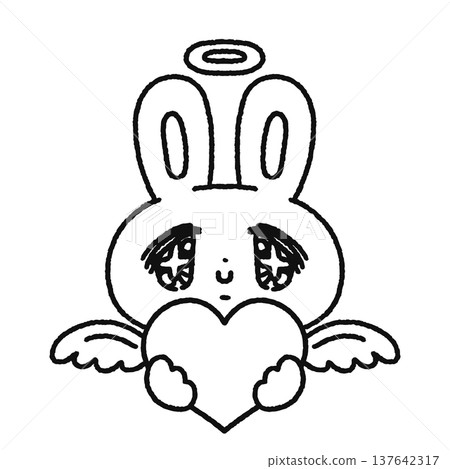 一隻可愛夢幻的天使兔子抱著一顆心(線條描) 一隻可愛夢幻的天使兔子抱著一顆心(線條描) 137642317