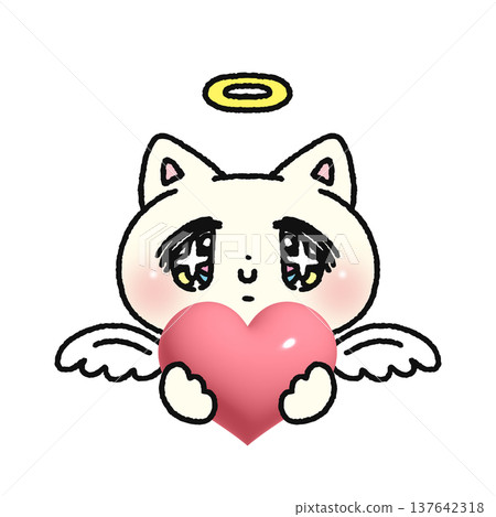 A dreamy, cute angelic cat holding a heart A dreamy, cute angelic cat holding a heart 137642318