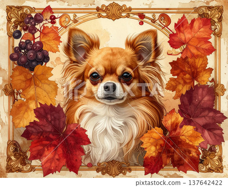 Chihuahua portrait surrounded by autumn leaves and grapes 137642422
